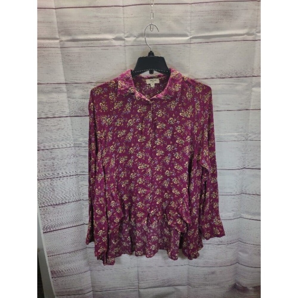Umgee Dark Pink Floral Print Button Down, Layered Relaxed Fit Blouse, Size Med